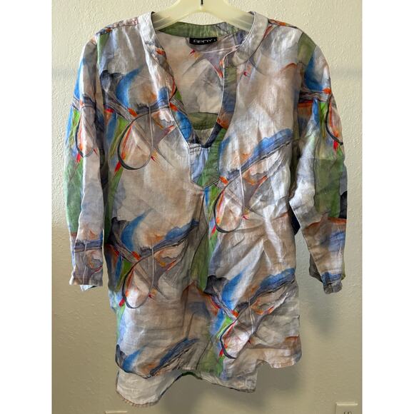 AP.NY Linen Top Blouse Womens Size Large Coastal Boho 3/4 Sleeve Vacation Cruise - Picture 1 of 5